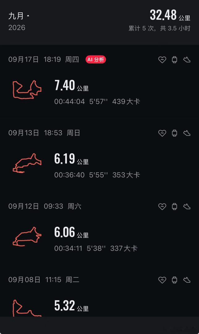 下午，跑个短距离，7公里哦，在今年9月算是最远的一次跑步了跑步，已经转变了态度就