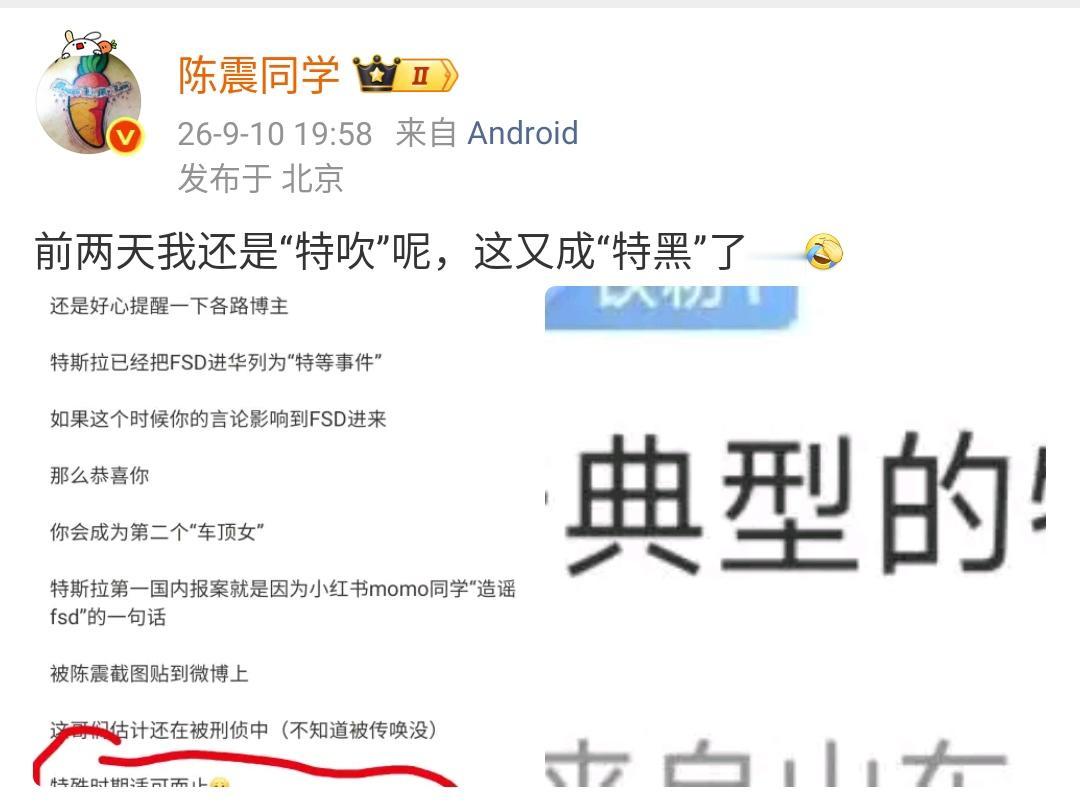 陈震：前两天我还是“特吹”呢，这又成“特黑”了……[捂脸哭]​​​这不是很