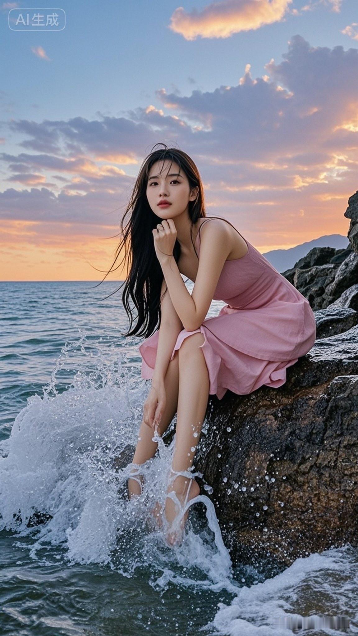 夕阳下，她在海边静静坐着。