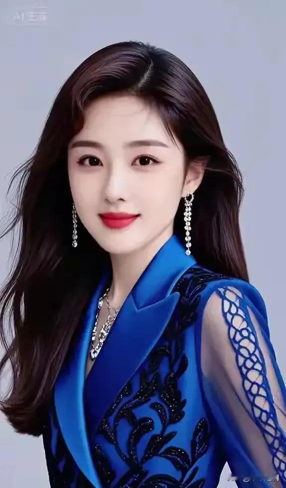 宝蓝缎面裹着蕾丝的柔，碎钻长坠在发梢轻晃。红唇浸了明艳，把冷调背景里的精致，揉成