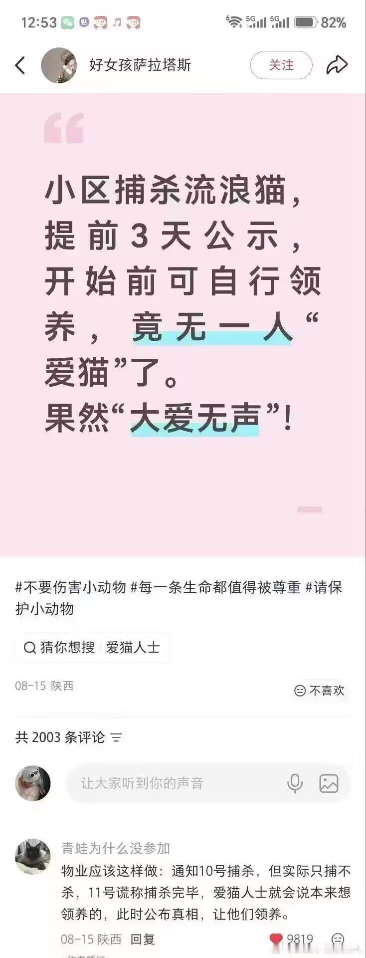考虑到小区有老鼠无法避免，流浪猫可以小区养几只，经费由爱猫人士出