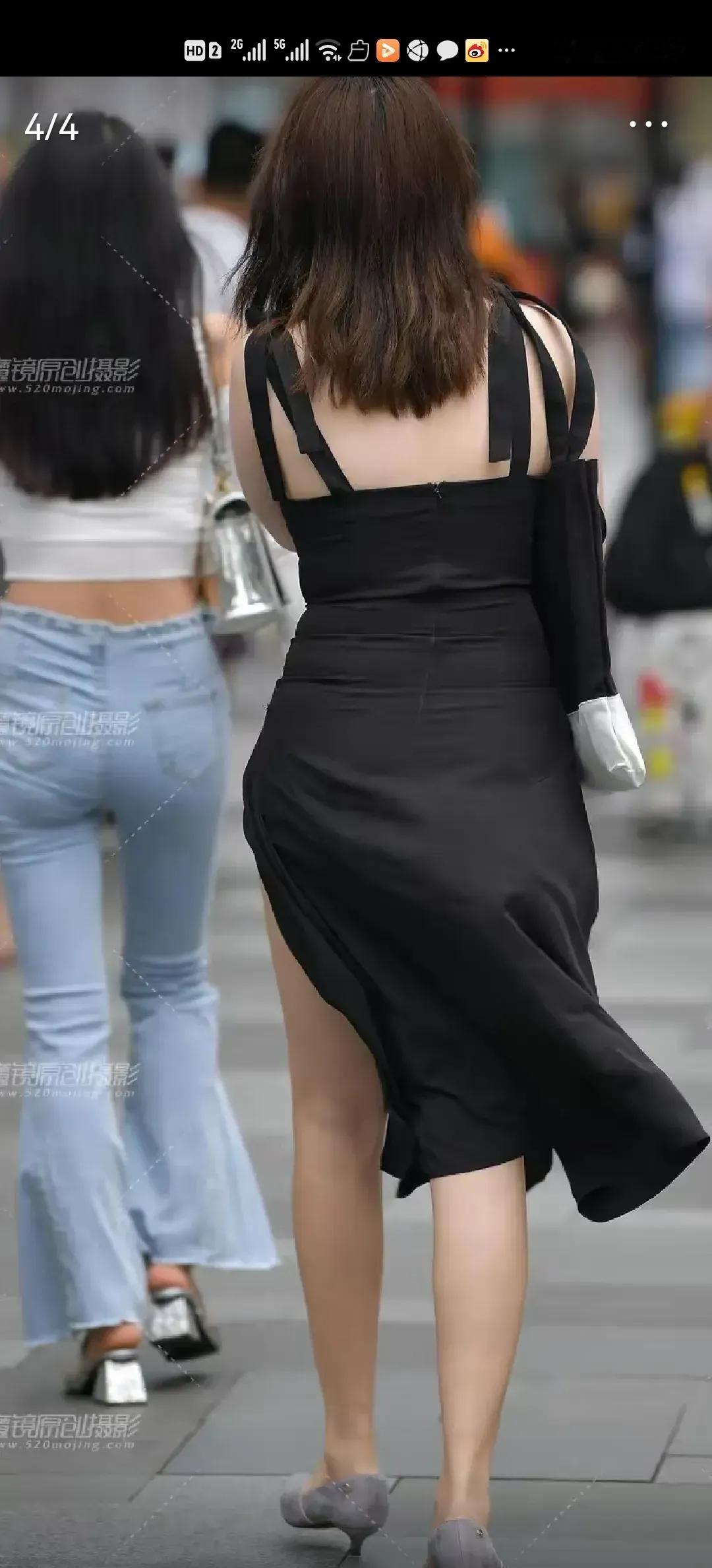 黑色高开叉裙大长腿美女，谁不爱？