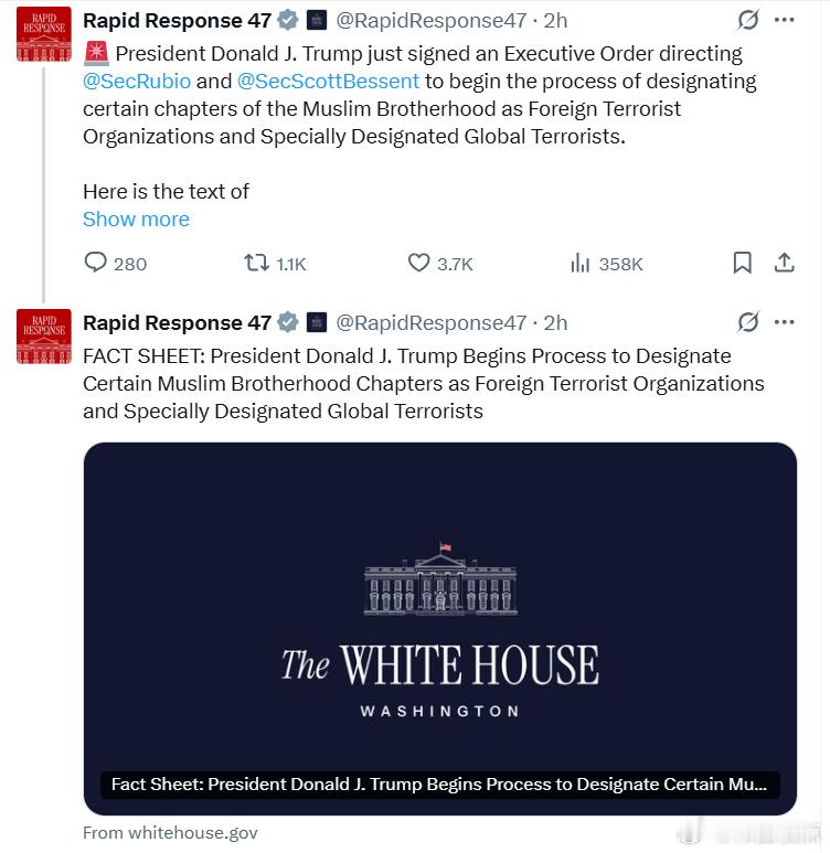 特朗普总统刚刚签署了一项行政命令，指示国务卿马可·鲁比奥和财政部长贝森特启动程序