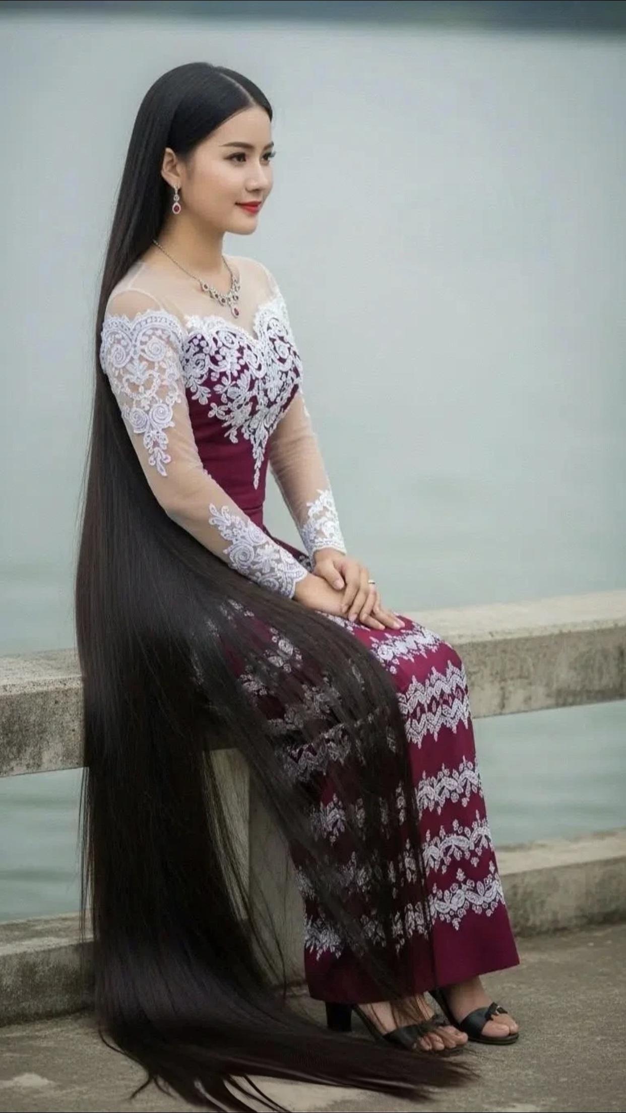 水边美人坐，长发拂波光。这长发让人羡慕