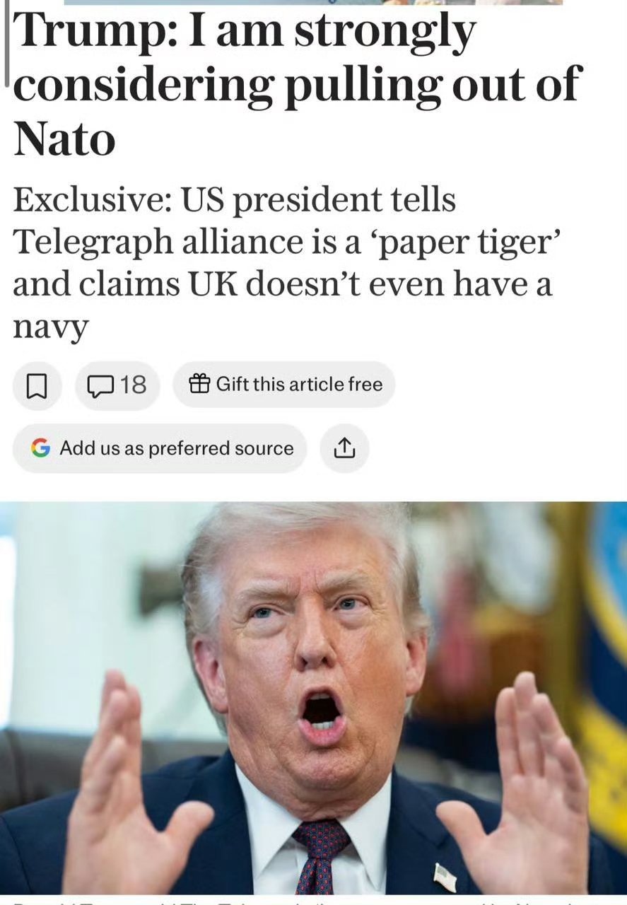 “英国连个海军都没有！”特朗普告诉《每日电讯报》，北约是“纸老虎”，并声称英国甚