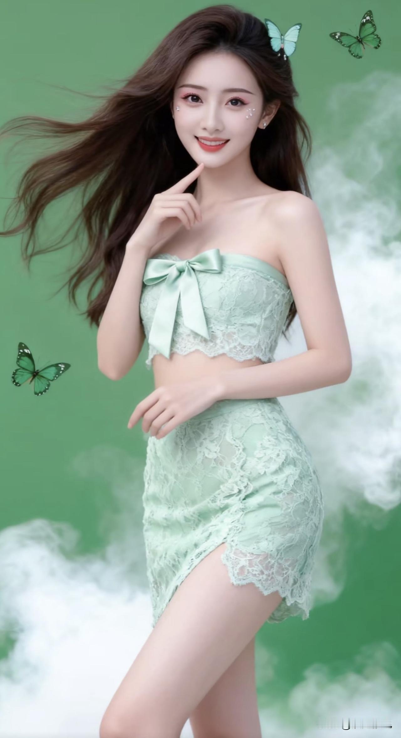 清新少女风，薄荷绿蕾丝裙，梦幻蝴蝶飞舞，甜美微笑，夏日必备穿搭！🌿💖✨分享一