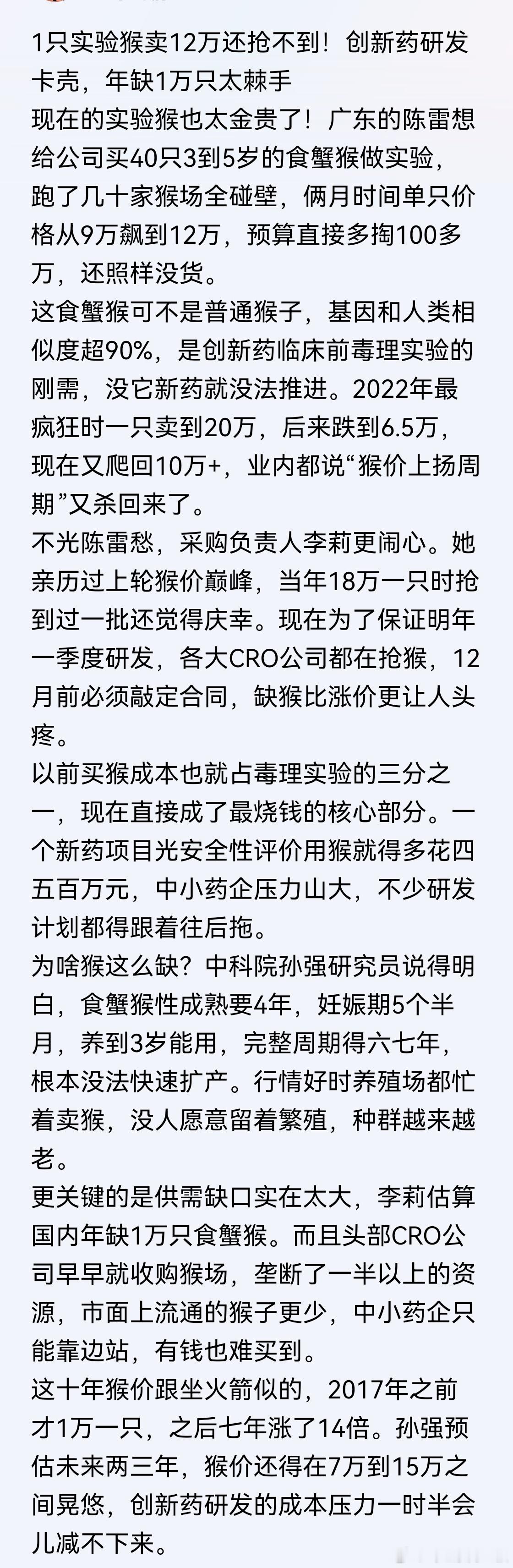 2017年前，猴子才不到1万，现在12万买不到。这个涨价速度，超过黄金，超过房价