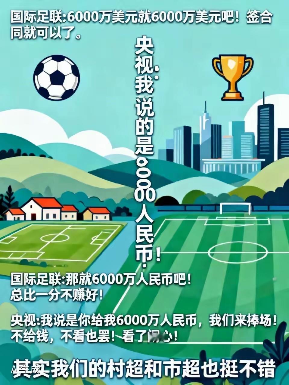听说国际足联准备向央视妥协，让央视给6000万就给直播权，结果央视没鸟对方。