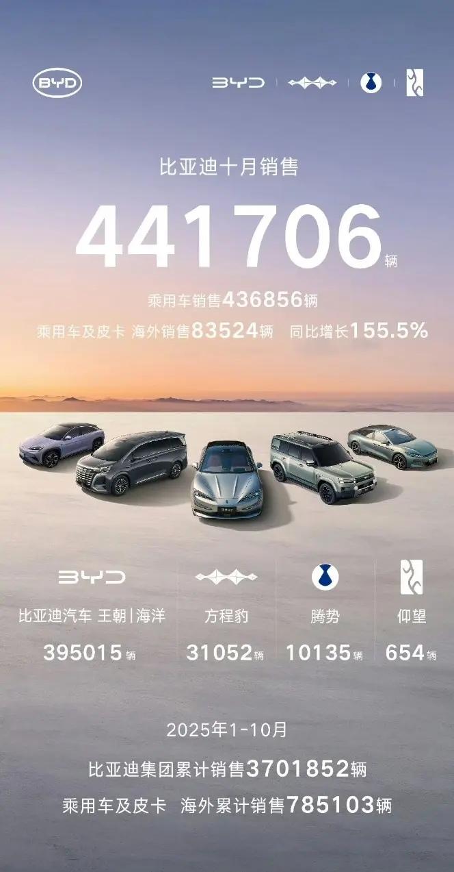 全体起立，比亚迪10月销量441706辆，年内第一次破40万。这个数据马马虎虎