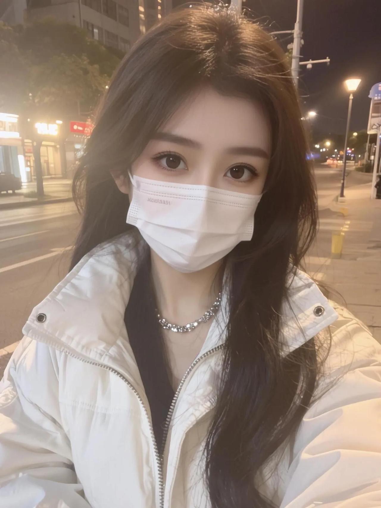 夜晚的街角，少女戴着口罩，眼神温柔，街灯下显得格外动人。街拍高清美女