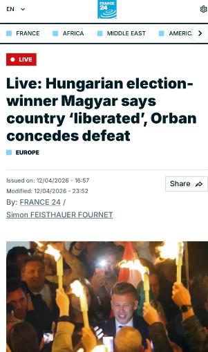 法媒：匈牙利大选执政16年的奥尔班下台 法国24频道当地时间4月1