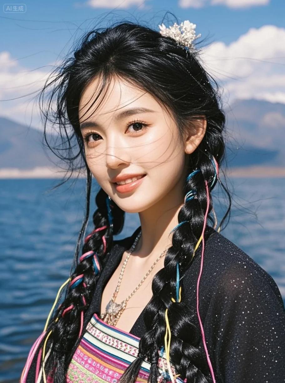 傣族小女孩在湖心小岛玩水，笑声随波荡漾