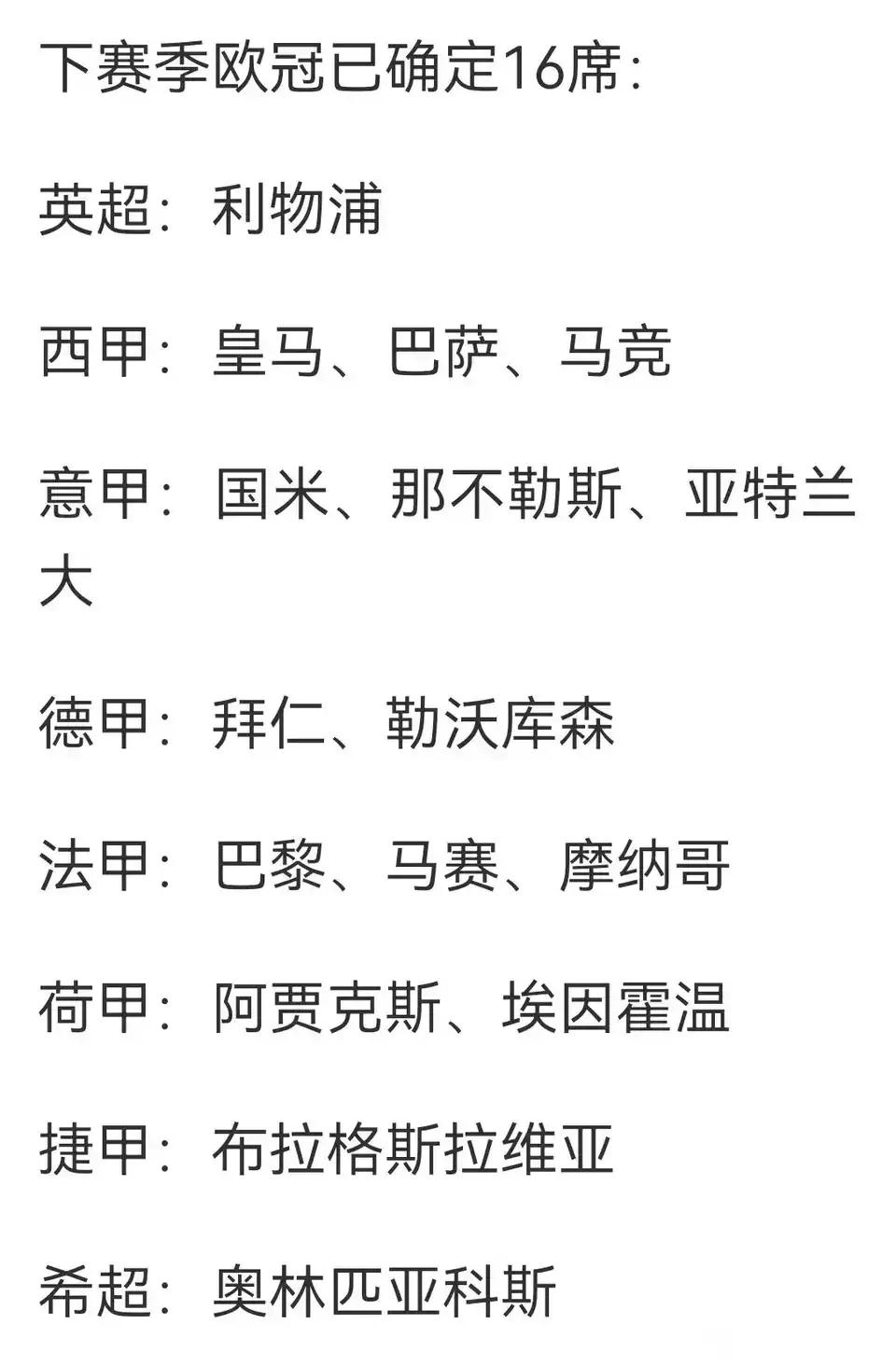 下赛季欧冠已经确立16个球队。英超那边竞争激烈，只有利物浦一个，还有四个名额