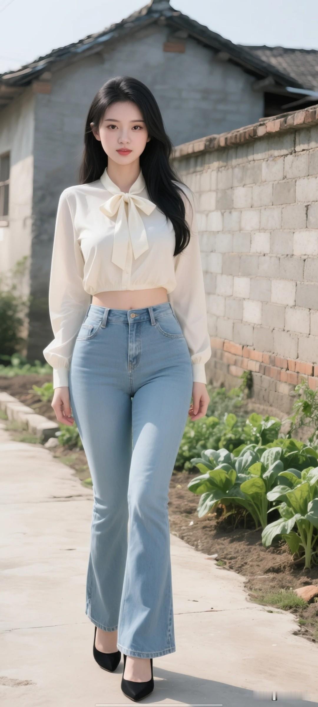 清新田园风穿搭，浅蓝色牛仔裤搭配白色蝴蝶结衬衫，走在乡间小路上，享受自然之美。女
