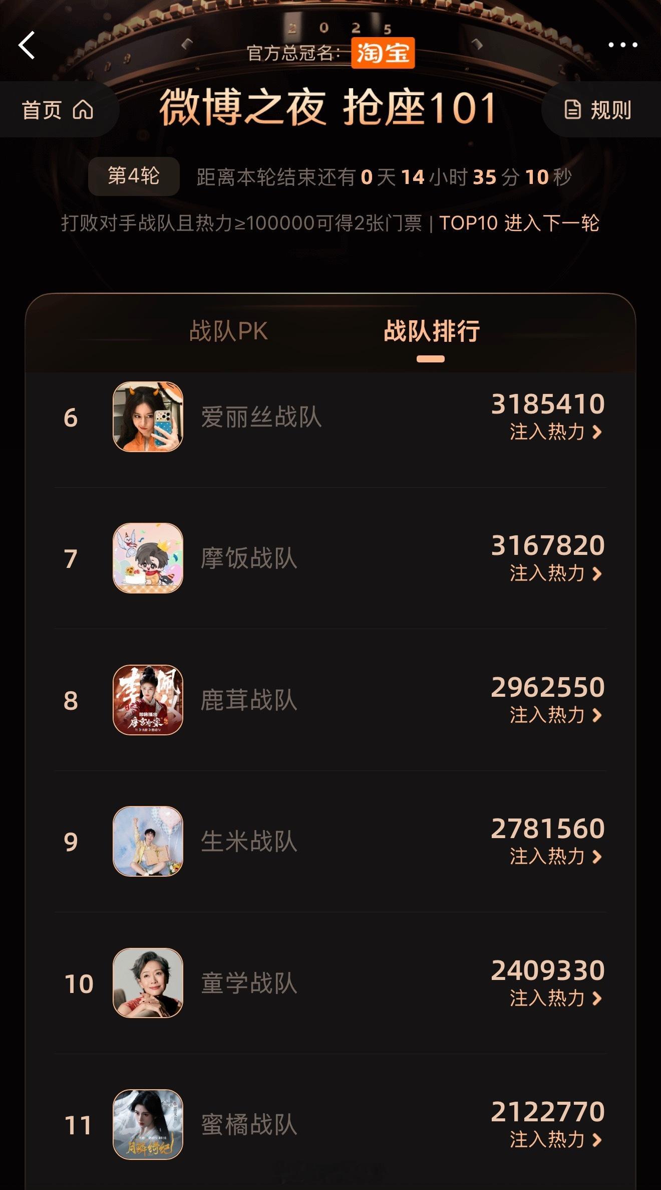 微博之夜目前战队排行