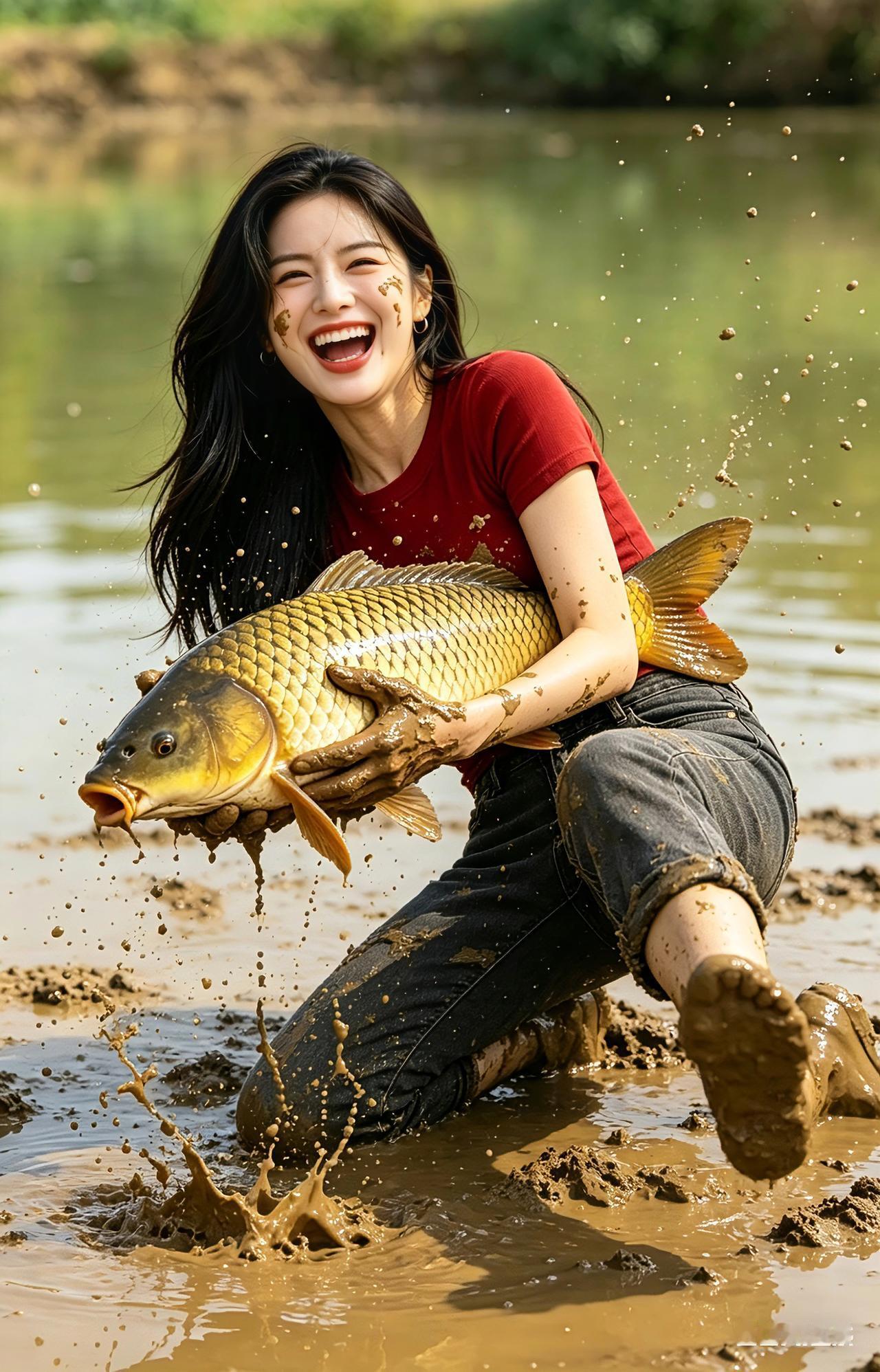 七言绝句泥潭捉鲤乐悠哉，笑揽金鳞出水来。满面泥痕无俗态，野中欢趣胜楼台。
