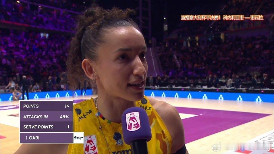 加比27扣13中3失误被拦1发14分，荣膺本场最佳。朱婷意大利女排联赛