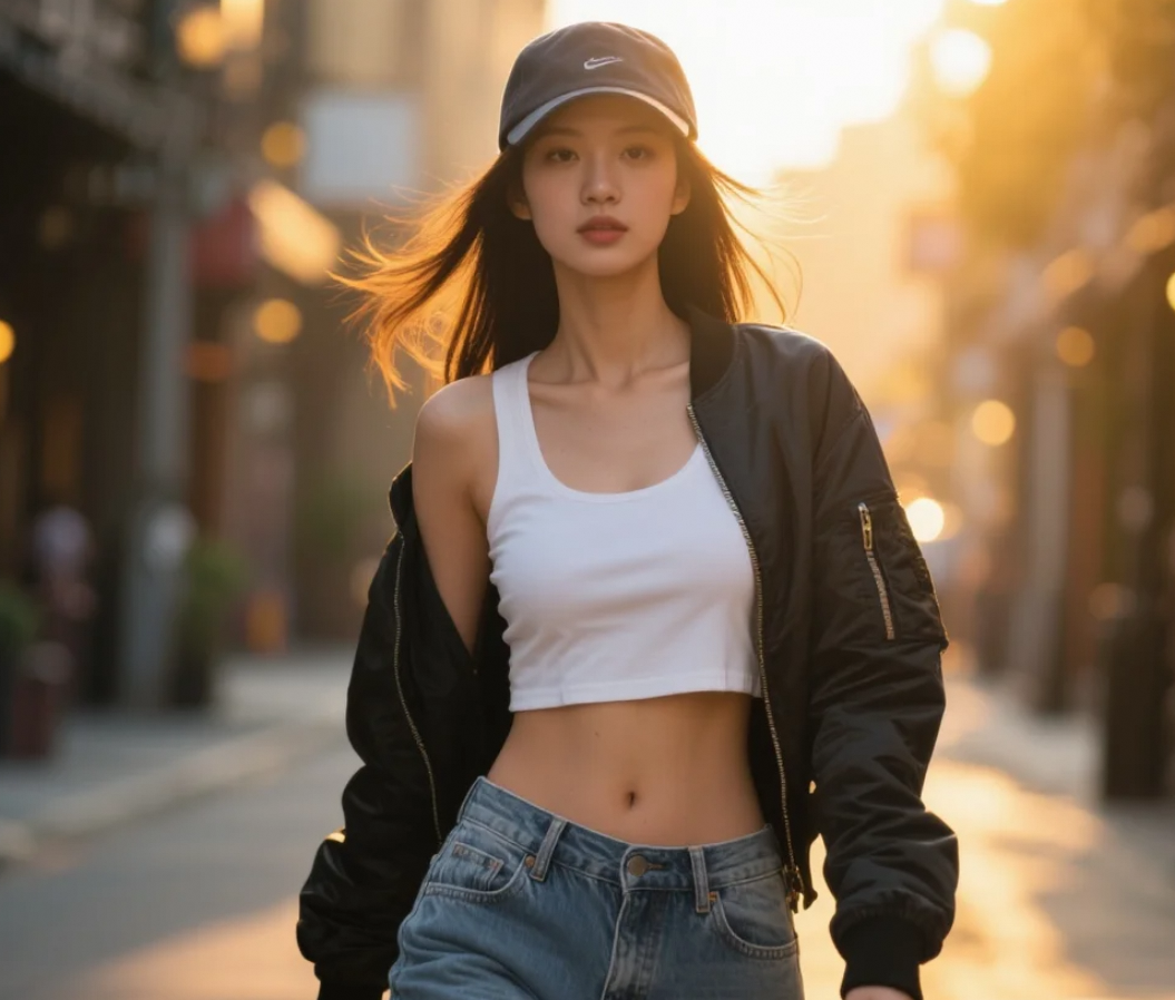 夹克外套搭牛仔裤，她的穿搭帅得让人移不开眼