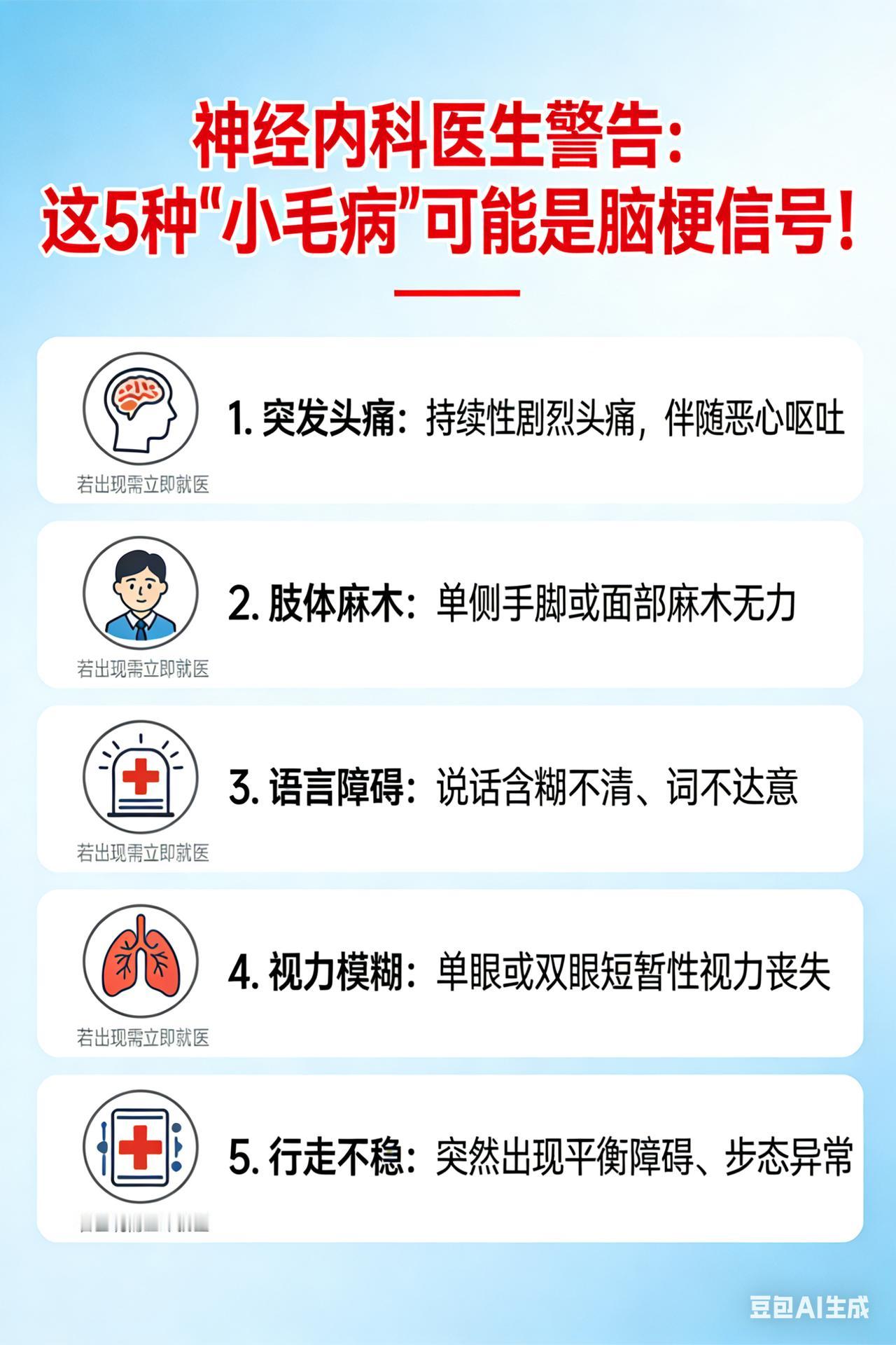 神经内科医生警告：这5种“小毛病”可能是脑梗信号神经内科医生提醒：这