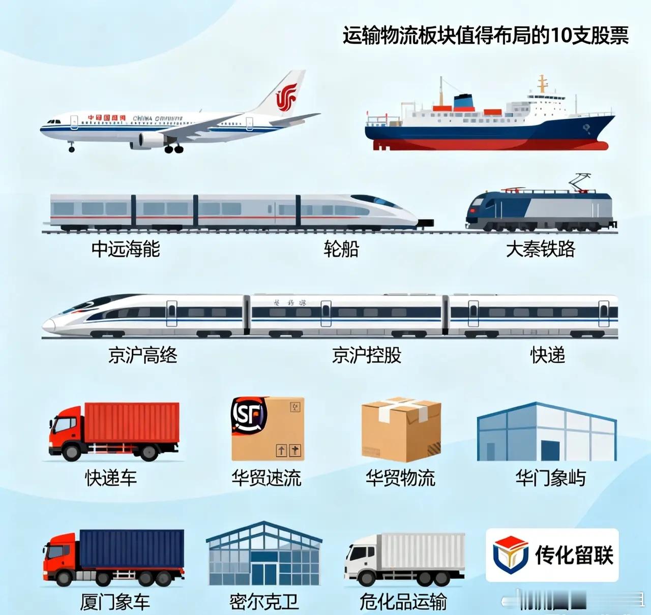 运输物流板块，值得布局的10支股票，具体分析如下：1.中国国航：航空运输龙头，