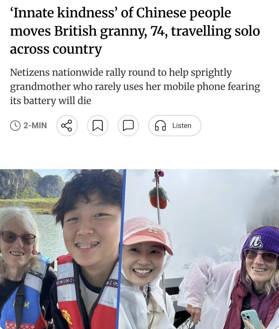 外媒：74岁英国奶奶Gill独自游历72国后到访中国，因担心手机没电很少开机，却