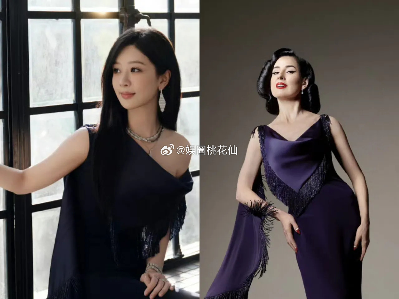 杨紫这套紫色高定跟模特对比还挺明显的，不是身材曲线的问题，就是感觉年龄感不太搭。