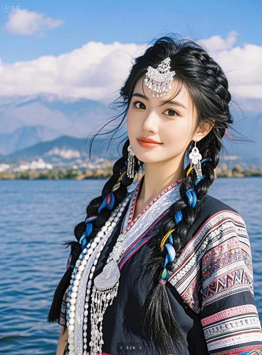 黑亮双辫垂落，如梯田的墨色水流