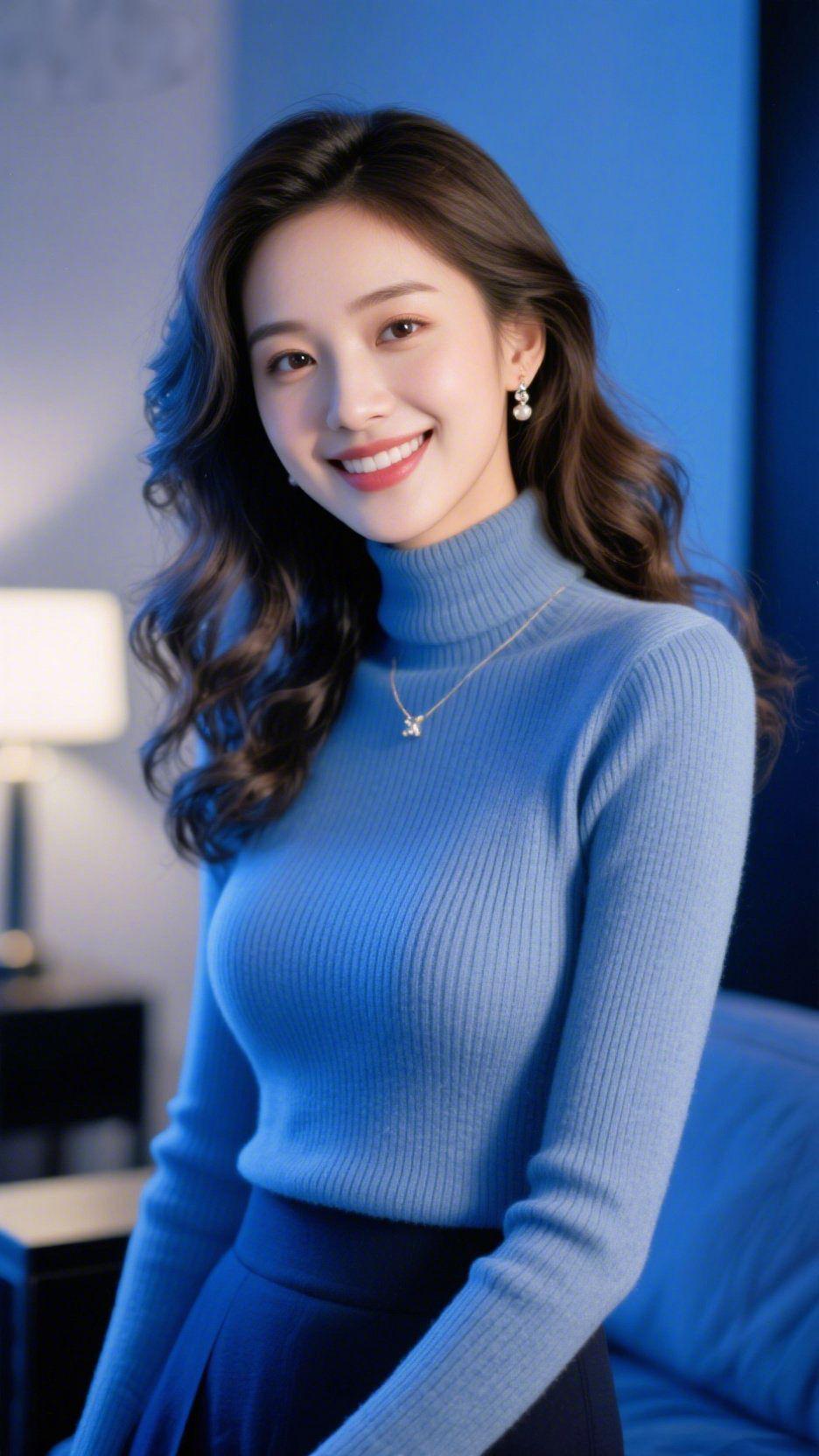 浅蓝栖夜晚风揉软了室间的灯影，她立在淡蓝光晕里，一身浅蓝针织衫像浸了月光的