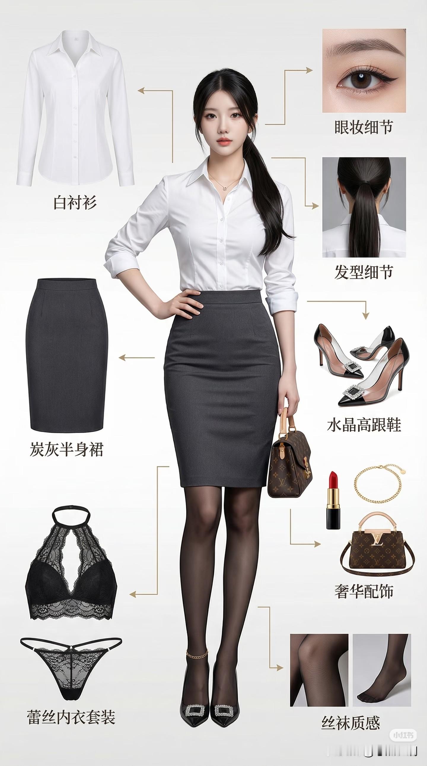 都市女性上班日常穿搭一件质感精良的白衬衫，衣角随意地束入高腰短裙，勾...