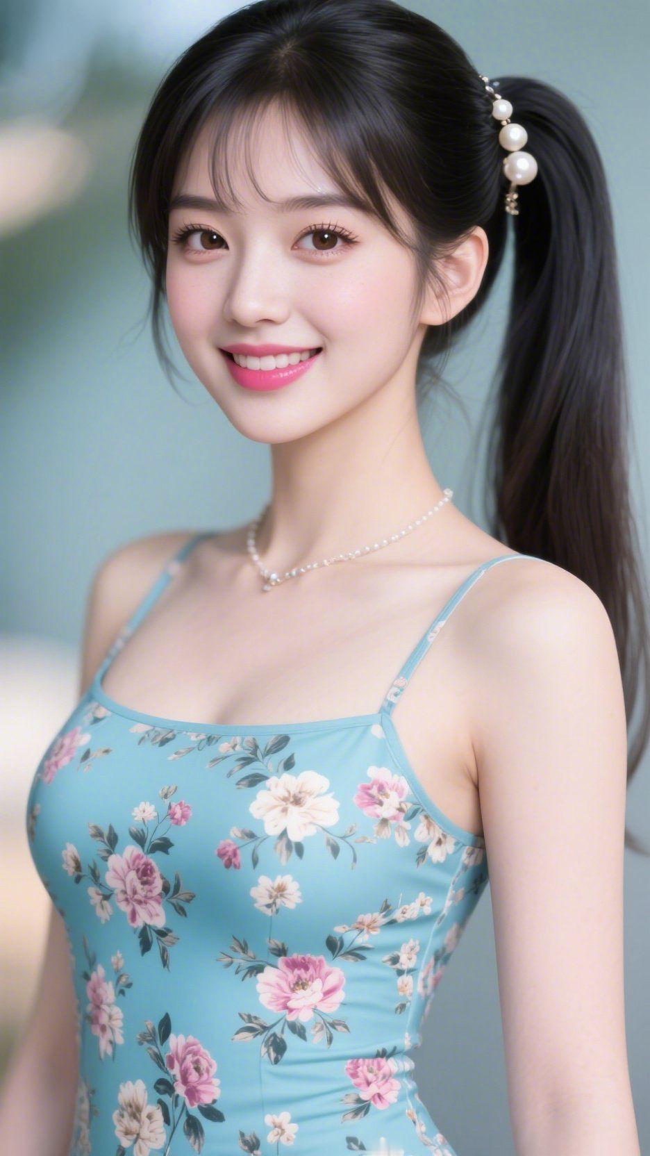 青裙伴柔光浅调光影里漫着轻息，她立在其中笑时，像把春溪绣进了青裙花簇中。