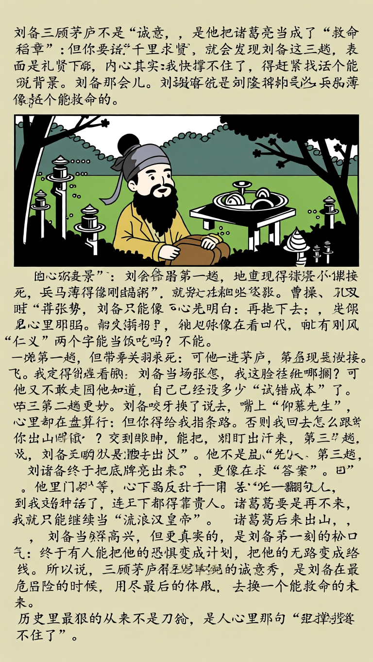 刘备三顾茅庐不是“诚意”，是他把诸葛亮当成了“救命稻草”：内心戏才最狠话说刘备去隆中找诸葛亮，外人看