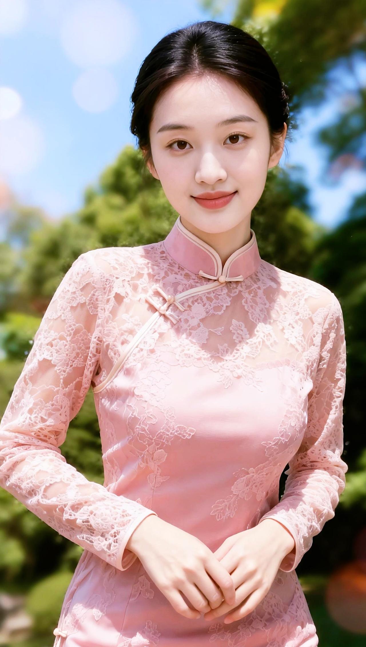 粉裙如霞映园林，AI写真亦醉人。我的AI写真AI粉旗袍写真