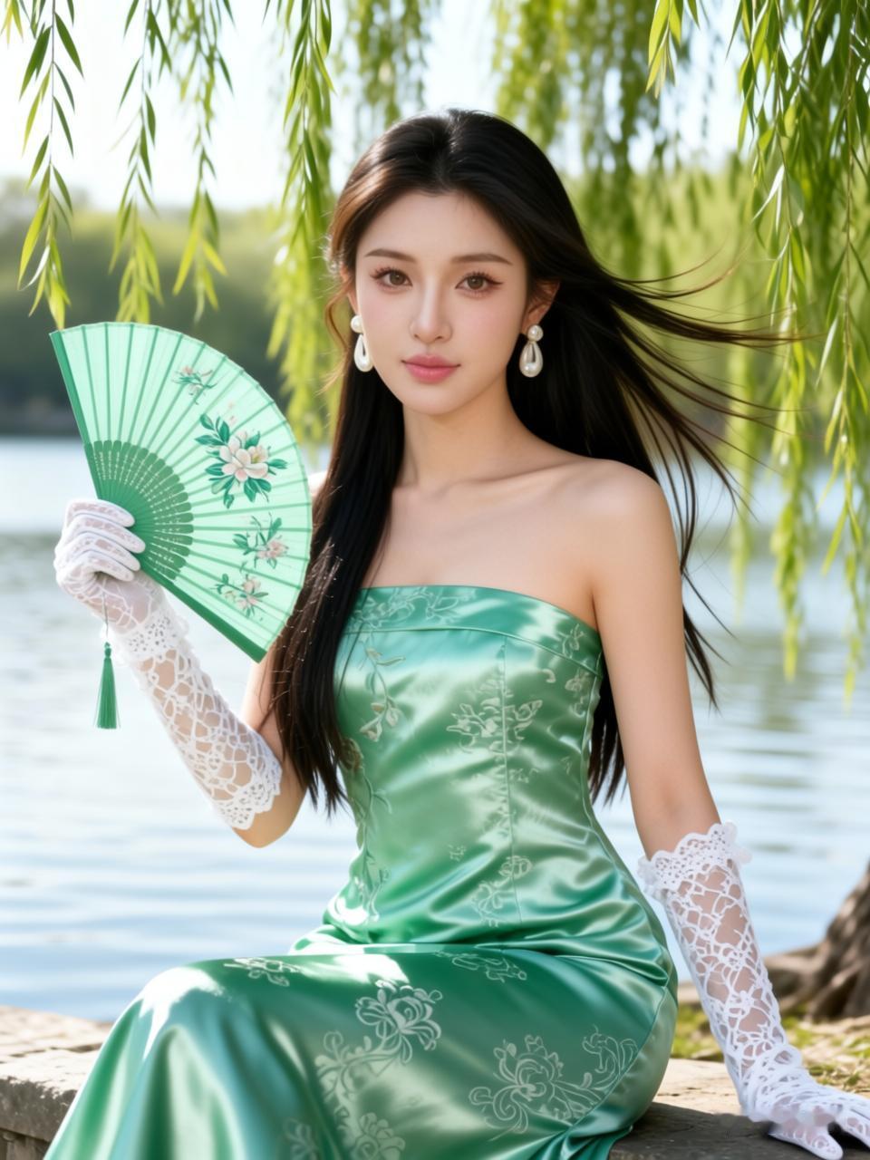 古风美人湖畔坐，绿裙飘飘似仙子。