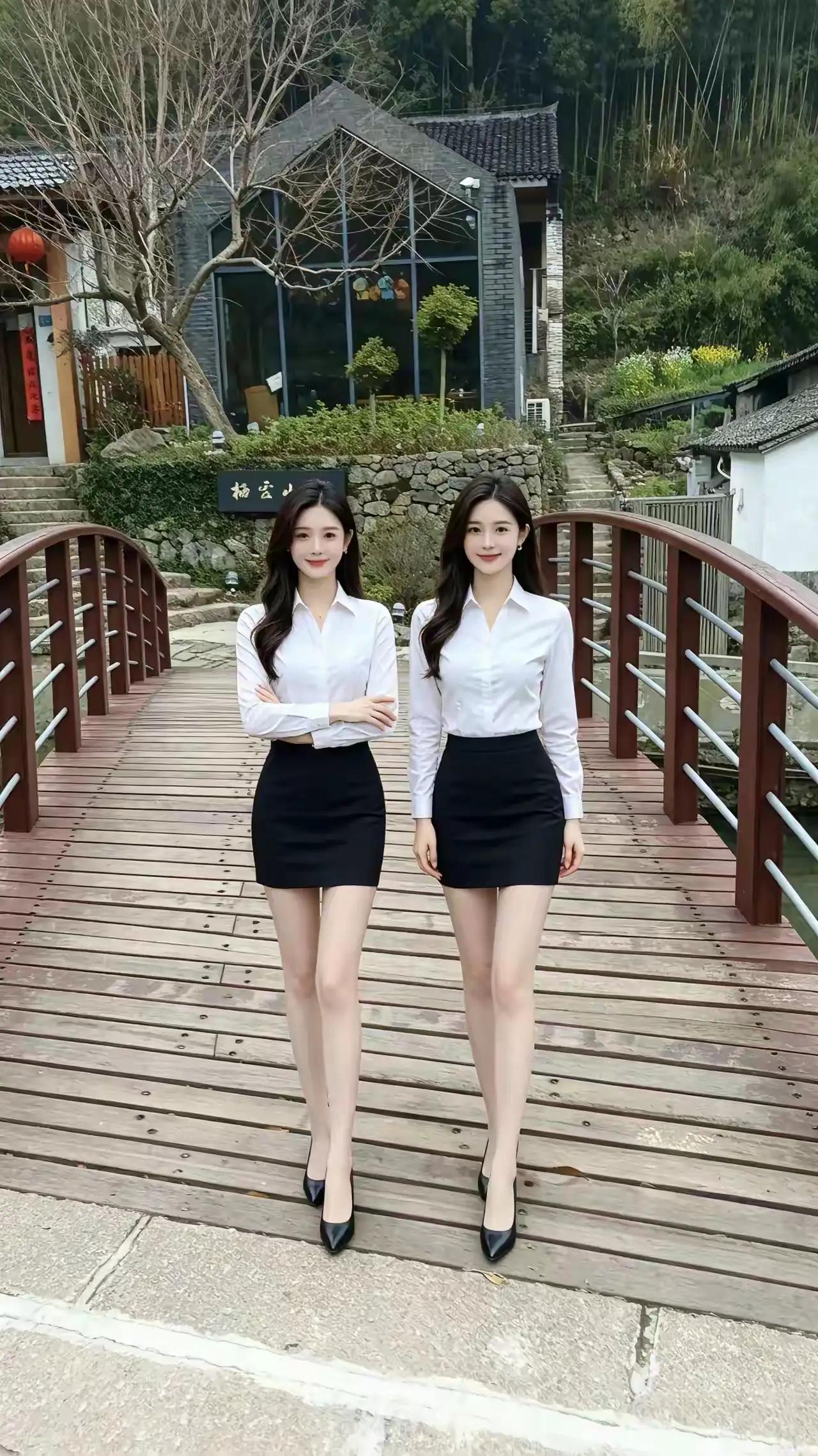 两美女这气场又成了某老板身边的秘书，助理！曼妙的身材适合穿白衬衫、黑短裙，确实
