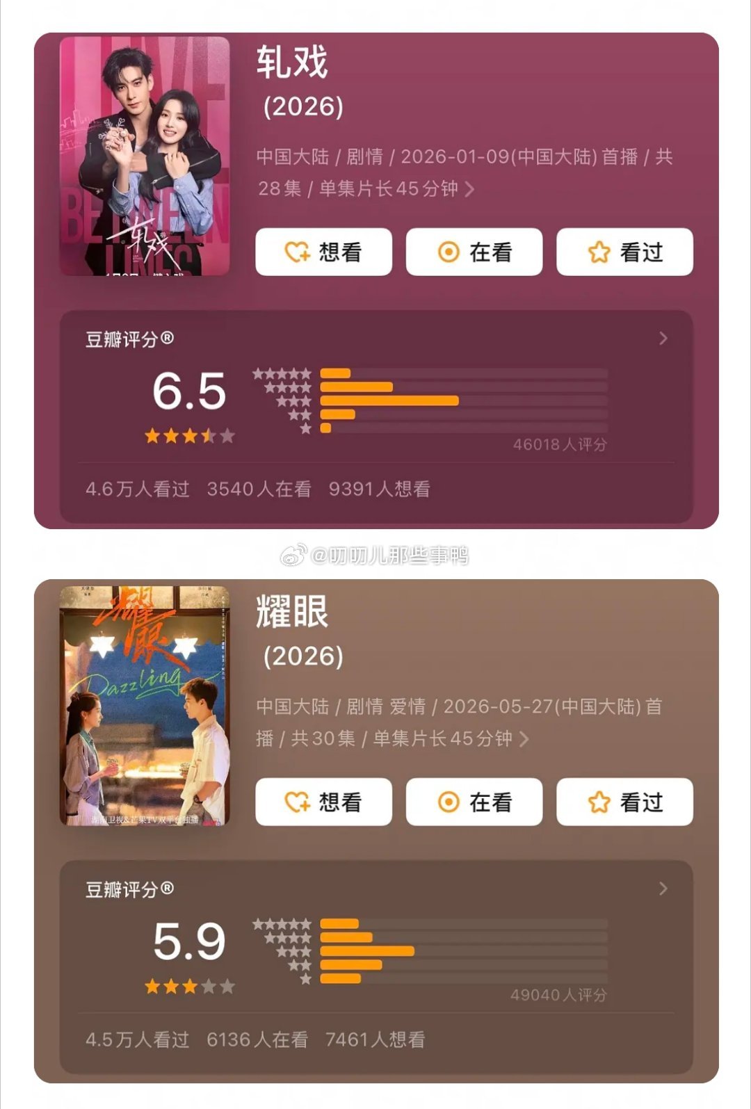 2025-2026.06期间播出现偶评分汇总～