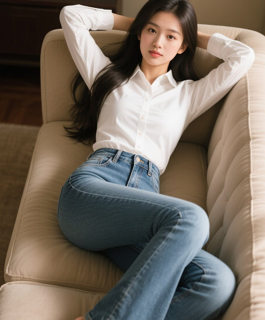 清纯美眉牛仔裤写真沙发上的娇俏佳人惹人爱