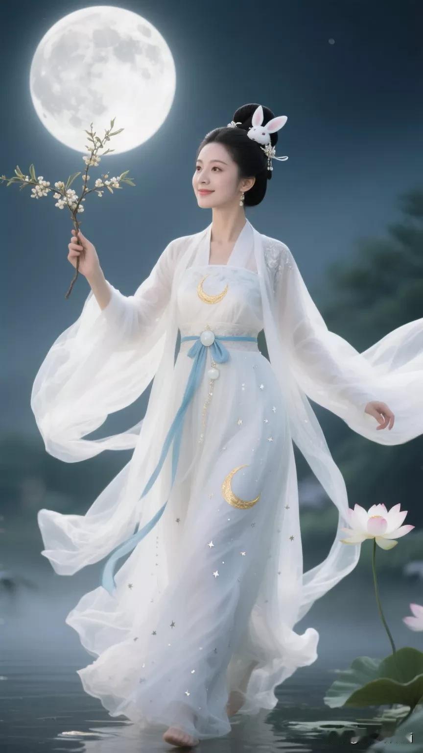 月色下的仙子，手持花枝，漫步在荷塘边。张立启原创书画AI作品古仕女发髻集锦首发第