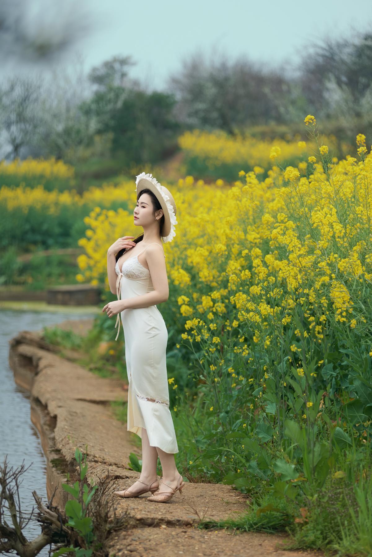 油菜花开百亩黄，蜂飞蝶恋觅芬芳。春来小径风光好，日落游人笑语扬。《油菜花写真》