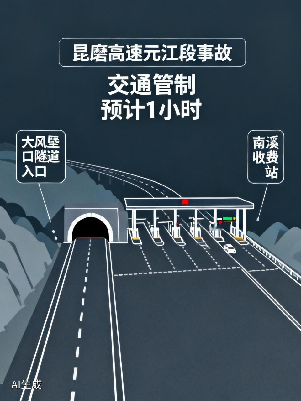 8点07分，昆磨高速元江段K227路段上行出交通事故，交通中断了。交警已经赶去处