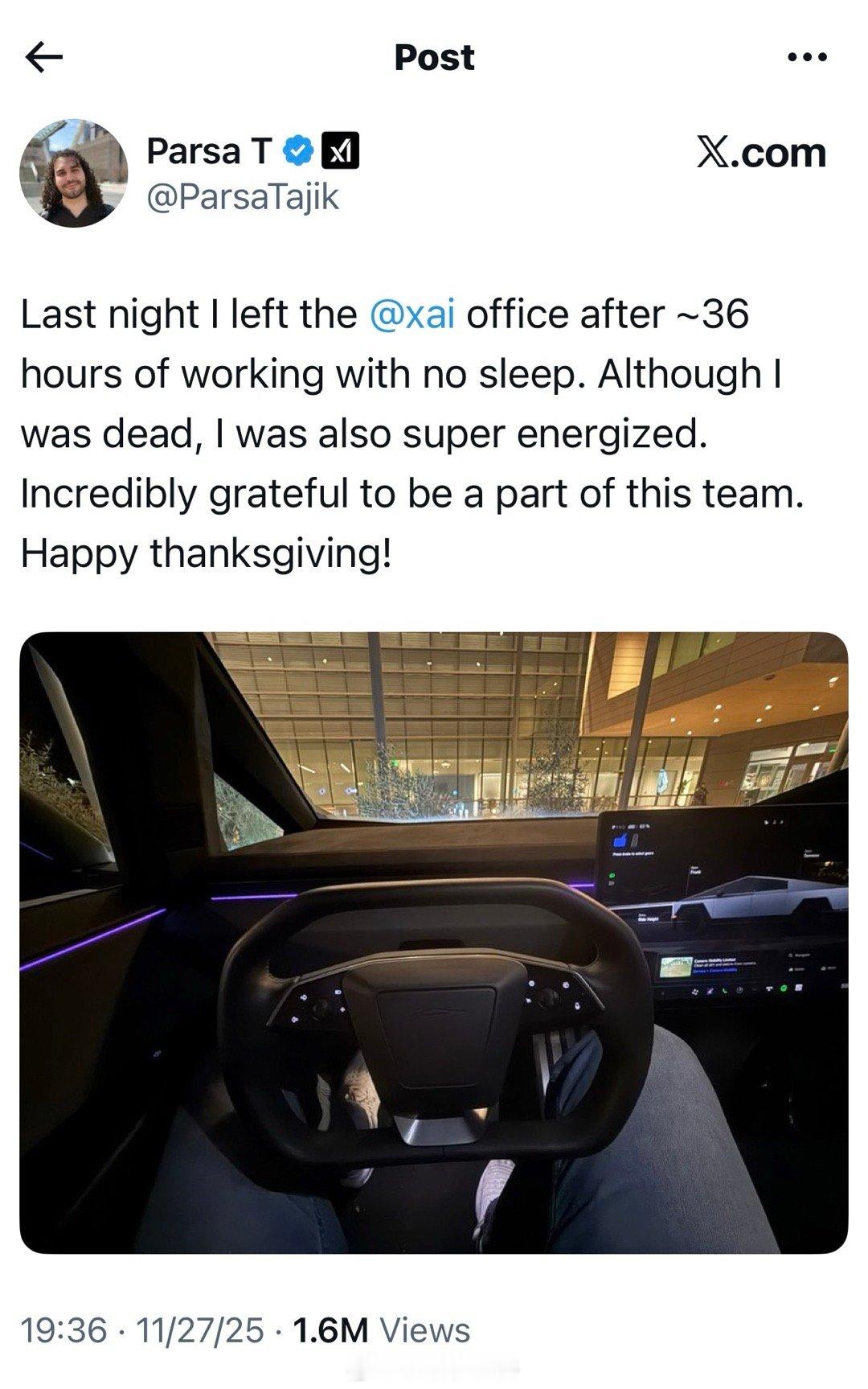 xAI员工ParsaTajik：昨晚我离开xAI办公室的时候，已经连续工作了3