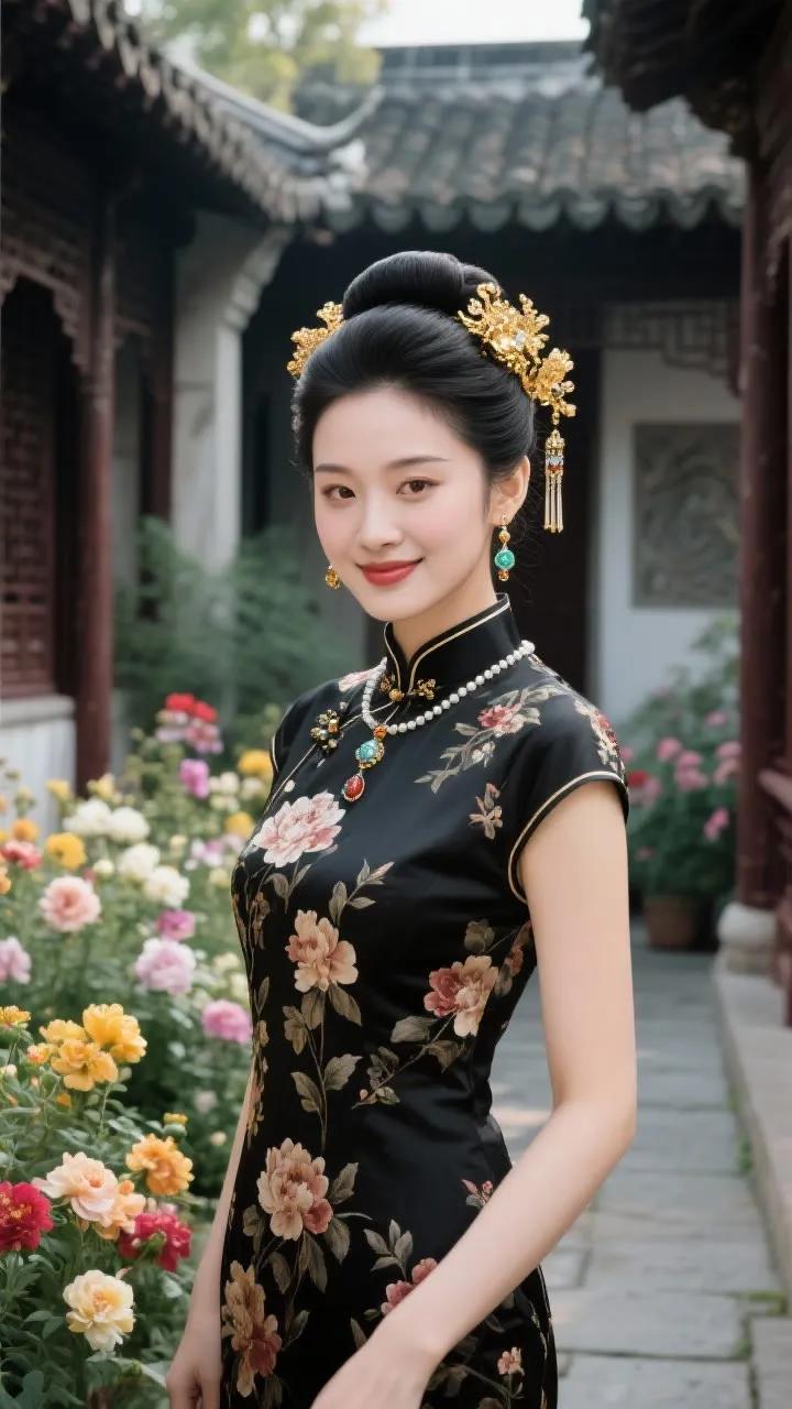 古典旗袍，花间漫步，优雅气质，尽显东方韵味。