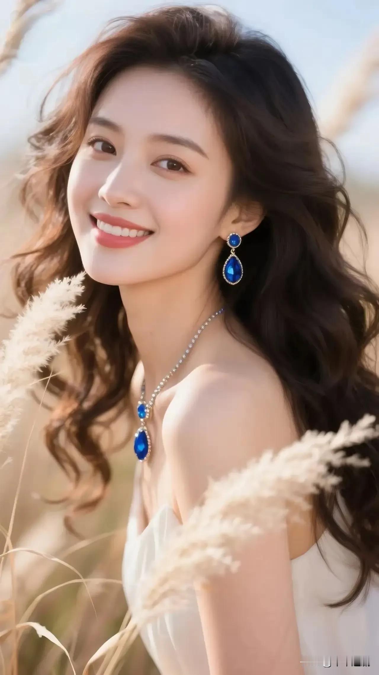 秋光把苇絮揉得松软，颈间耳侧的蓝钻，是风从海面衔来的星。白裙裹着暖调的风，笑意比