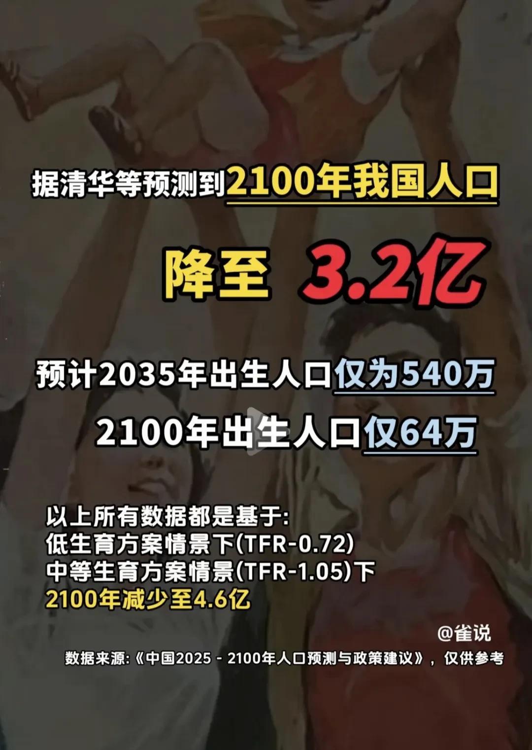 清华等机构预测2100年，我国人口将降至3.2亿，届时年度出生人口仅为64万。目