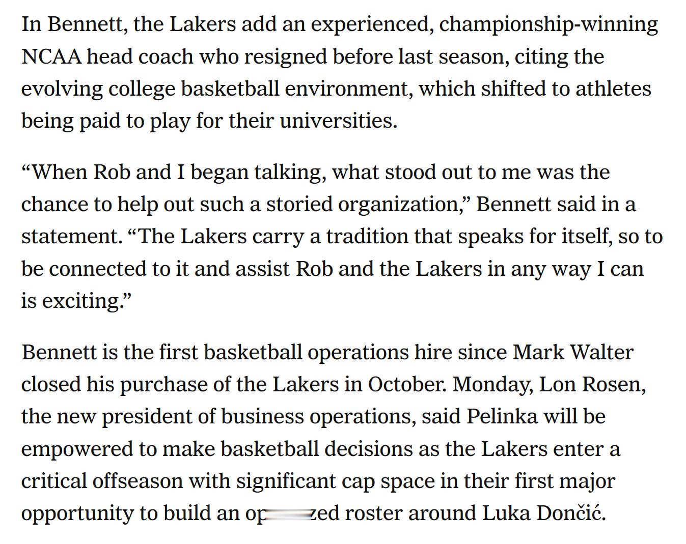 在湖人任命贝内特担任选秀顾问后，记者DanWoike撰文：贝内特在声明中表示：