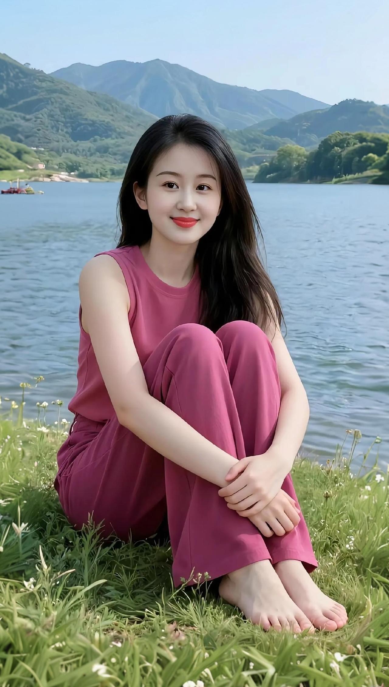 夏日湖畔，少女静坐，绿草如茵，清风拂面。