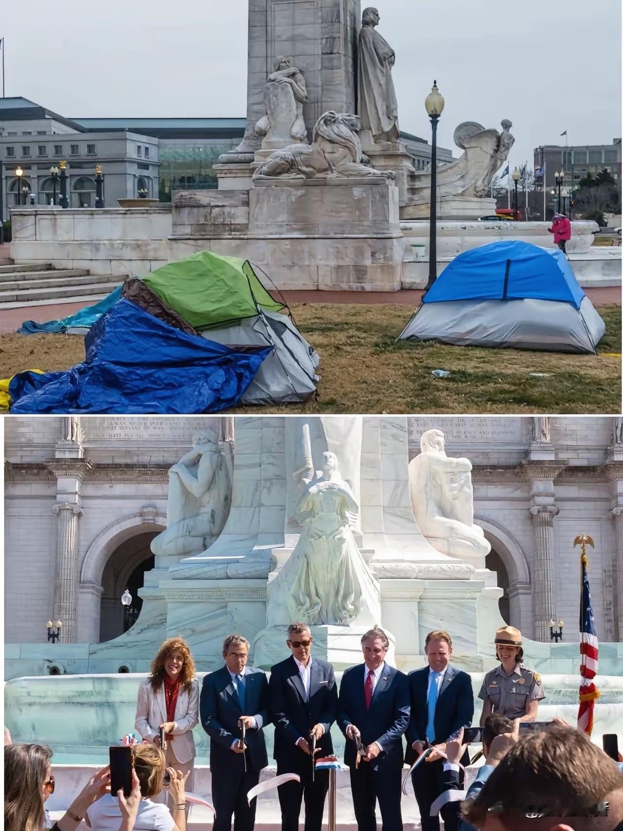 川普让美国越来越好今天凌晨，位于华盛顿哥伦比亚特区的著名哥伦布圆环重新启用，这
