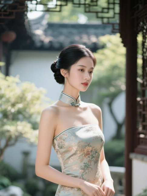 旗袍佳人倚栏而立，风华绝代艳压群芳