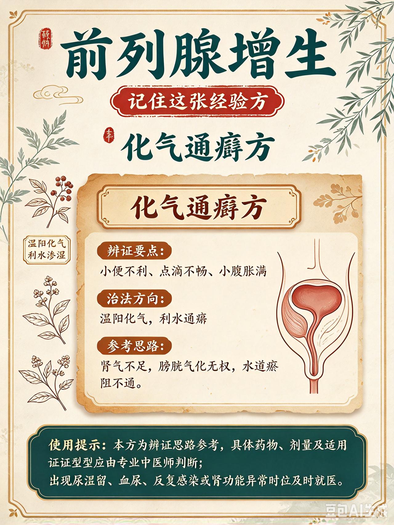 前列腺增生，记住这张经验方：化气通癃方很多前列腺增生朋友，一见到尿频、尿急、