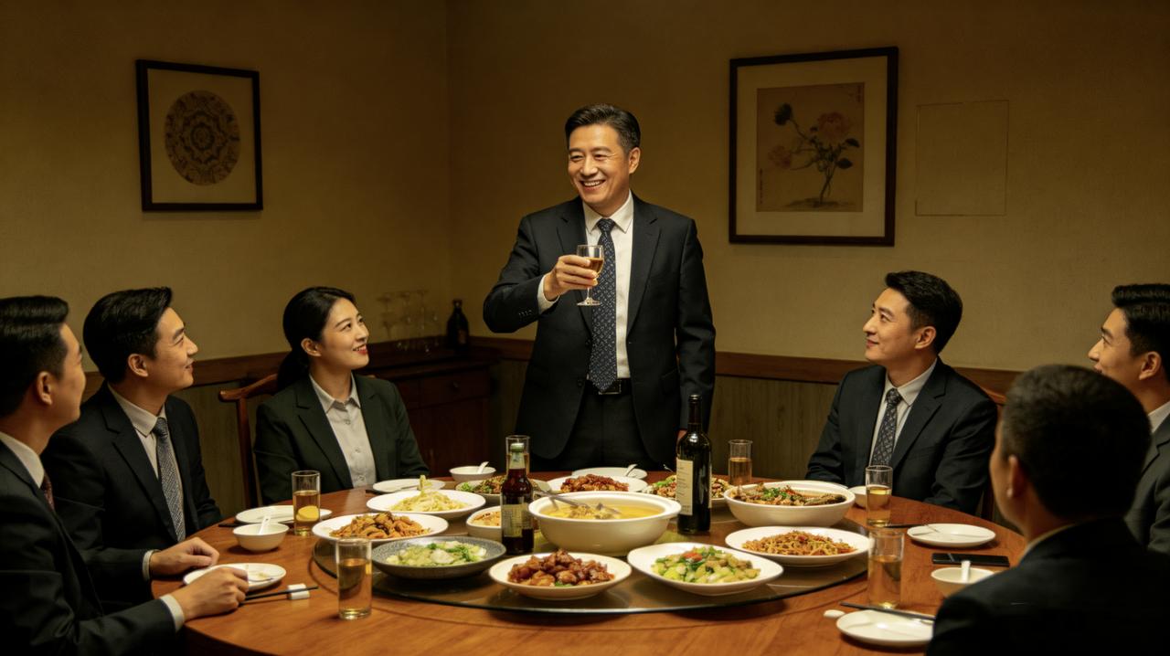 部门聚餐，领导端着酒杯站起来：“大家这一年辛苦了，今晚放开喝，明天可以晚来一小时