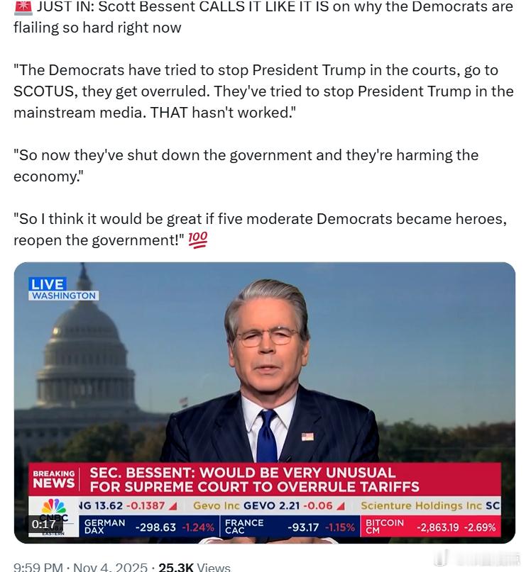 财长斯科特·贝森特指出了为什么民左党现在会陷入如此混乱：“民左党试图在法院里阻止